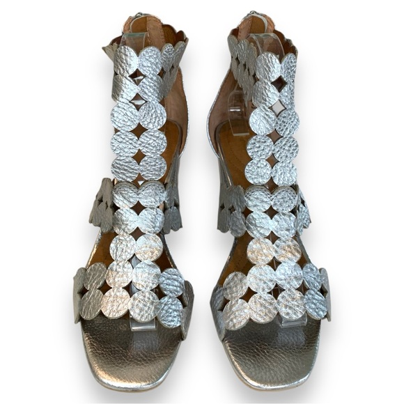 SUDINI NOVARA SILVER OPEN TOE LEATHER HEELS SANDALS BLOCK HEEL WOMEN’S SIZE 8.5 - Picture 2 of 6